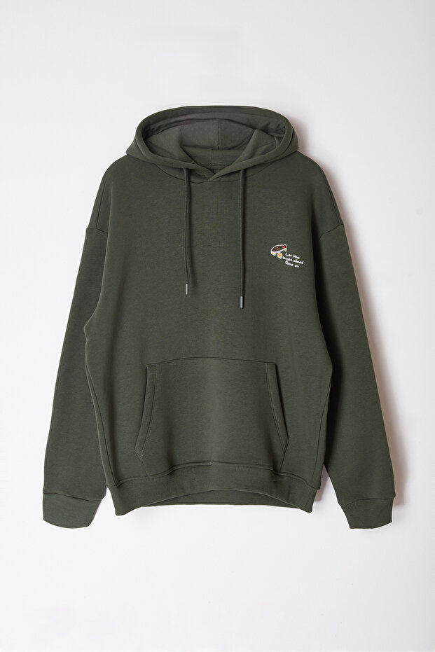 Haki Oversize/Geniş Kesim Nakışlı İçi Polarlı Kapüşonlu Sweatshirt TMNAW25SW00016 - 6