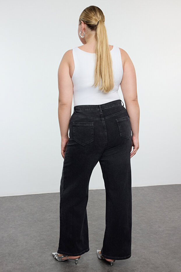Antrasit Yüksek Bel Cepleri Taşlı Geniş Paça Comfort/Orta Esnek Büyük Beden Jeans TBBAW25CJ00013 - 5