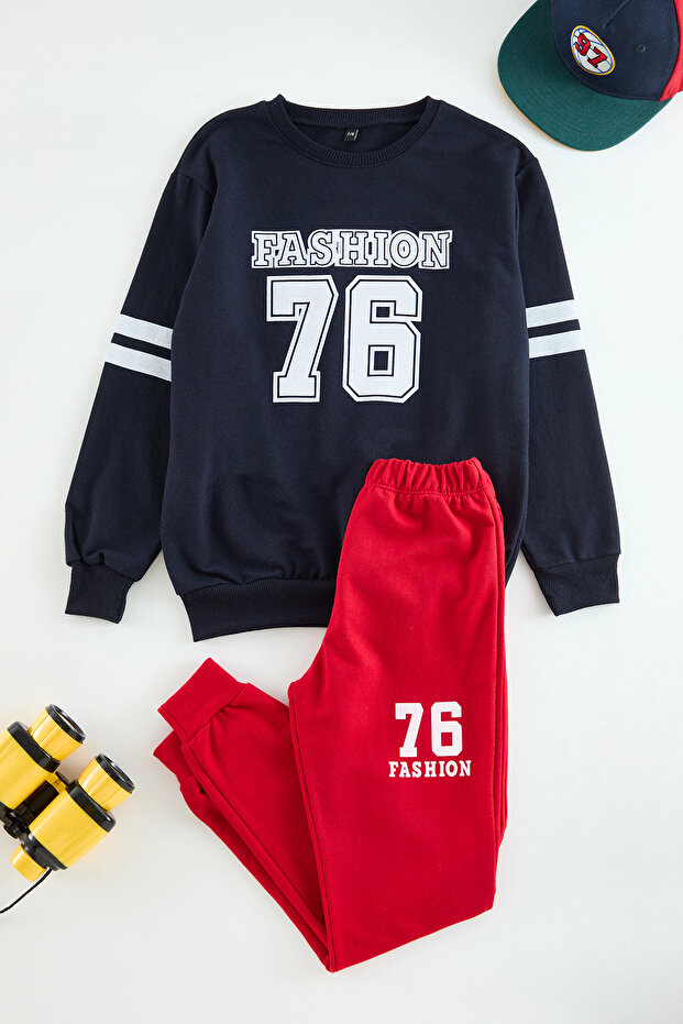 Lacivert Pamuklu Slogan Baskılı Erkek Çocuk Örme Sweatshirt ve Eşofman Alt-Üst Takım TKDAW25AU00066 - 3