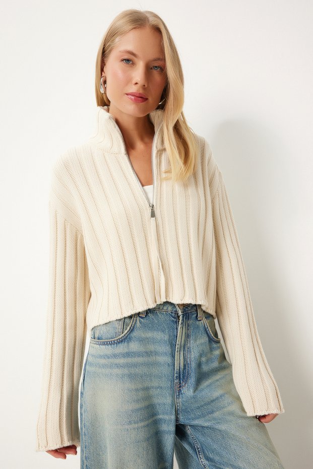 Women's Cream Zippered High Collar Knitwear Cardigan Pf00080