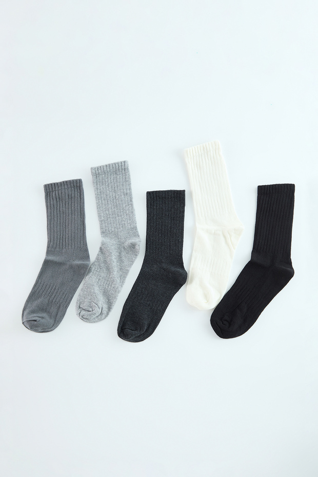 Gri Unisex 5'li Paket Pamuklu Dokulu Kolej/Orta Boy Çorap TMNAW25CO00011 - 2