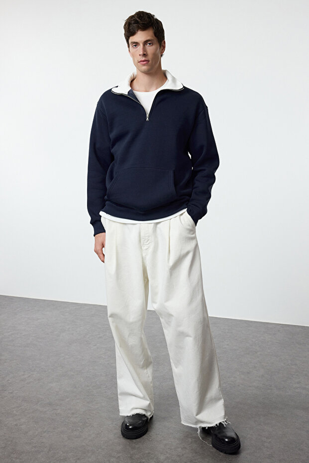 Lacivert Oversize/Geniş Kesim Dik Yaka Fermuarlı İçi Polarlı/Sıcak Tutan Sweatshirt TMNAW25SW00081 - 2