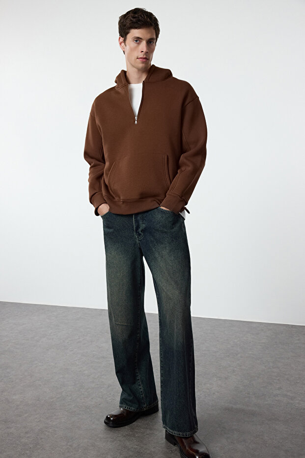 Kahverengi Oversize/Geniş Kesim Fermuarlı Kapüşonlu İçi Polarlı Basic Sweatshirt TMNAW25SW00050 - 2