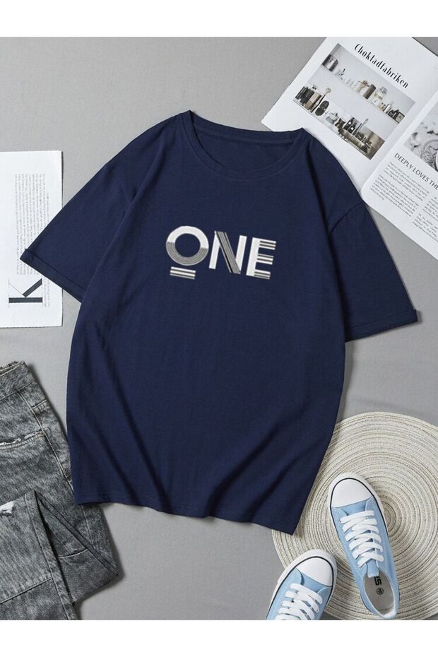 Griland Oversize One Baskılı Lacivert Tshirt - 1