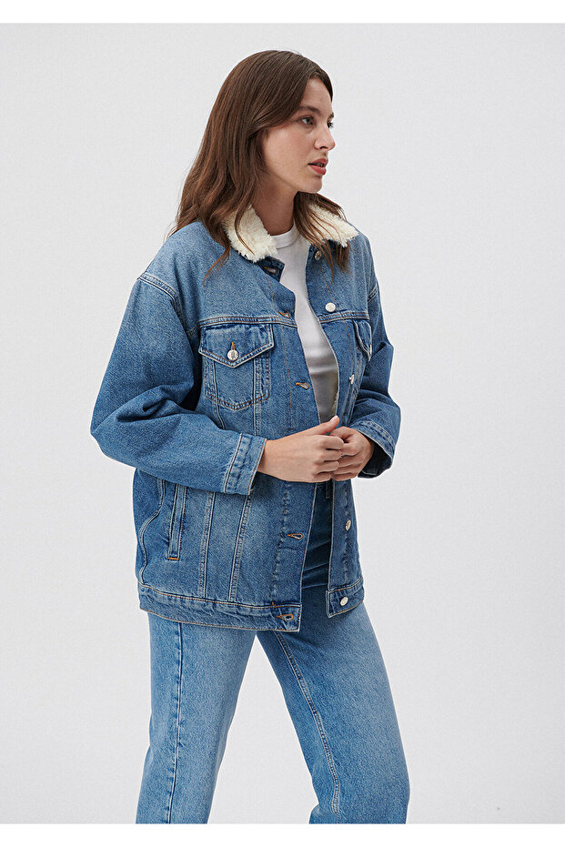 Detailní džínová bunda Sandy z umělé kožešiny 110908-80666 - 1