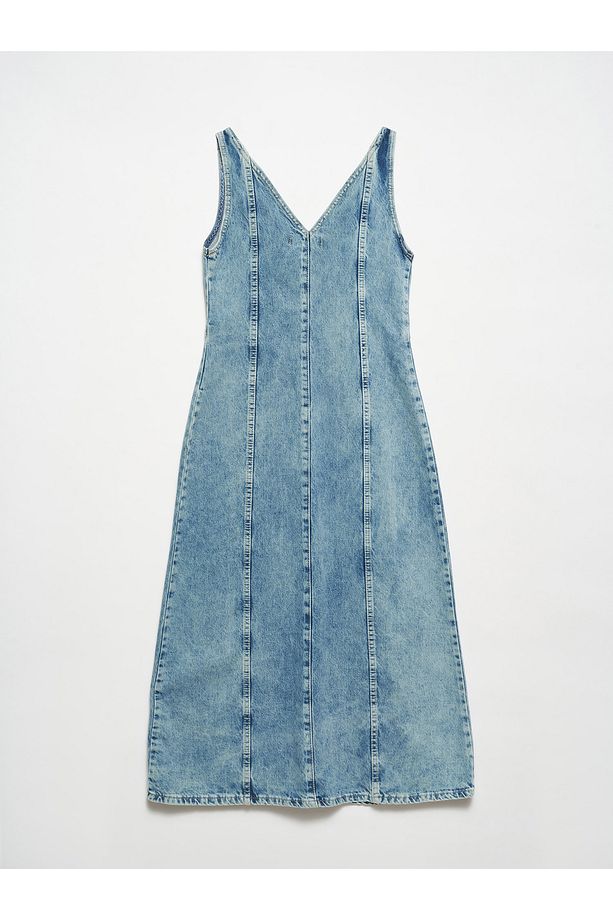 90519 Önü Ve Arkası Açık Uzun Denim Elbise-Tint - 2
