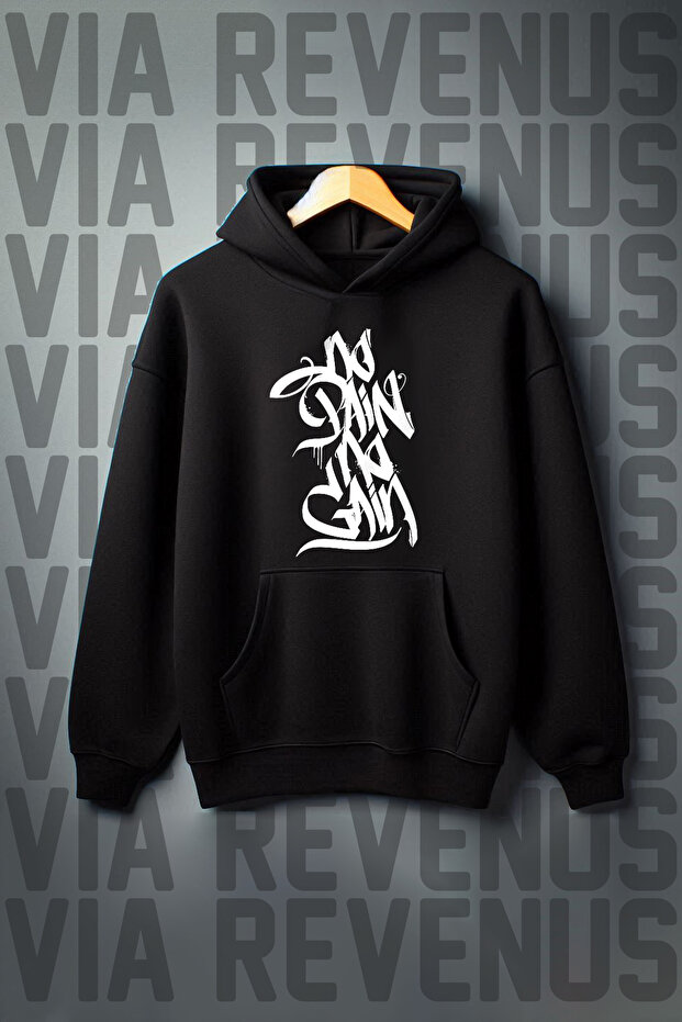 No Pain No Gain Printed Kangaroo Pocket 3 Thread Raster Oversize Wide Fit Hooded Sweatshirt