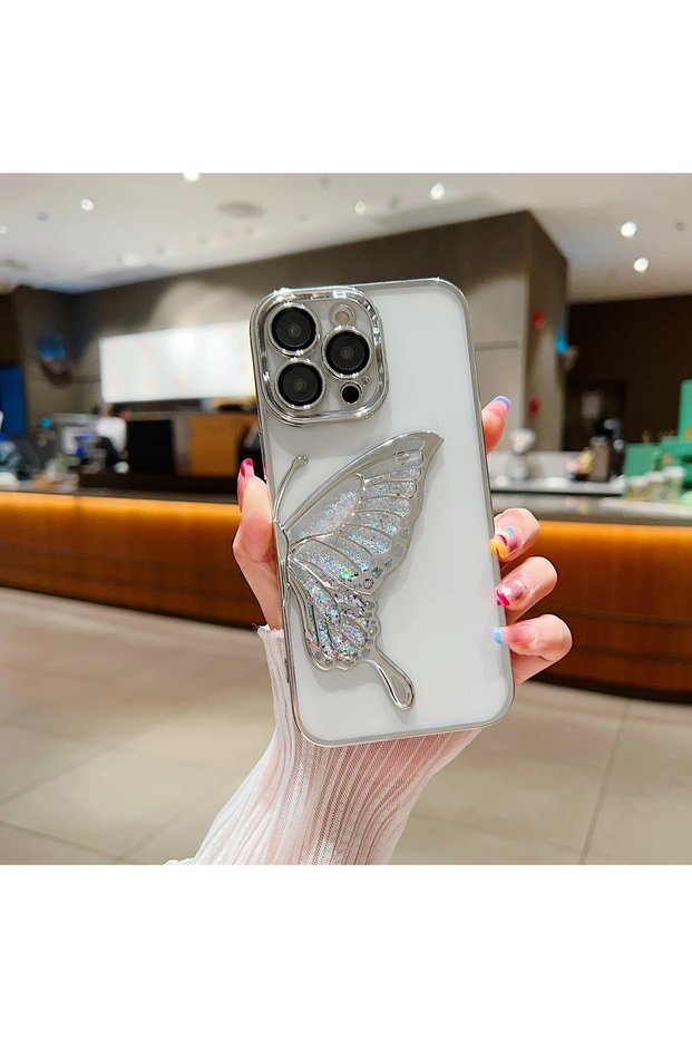 iPhone 14 Pro Max (6.7 Inch) Compatible with Camera Protector Watery Glitter 3D Relief Butterfly Figure Transparent