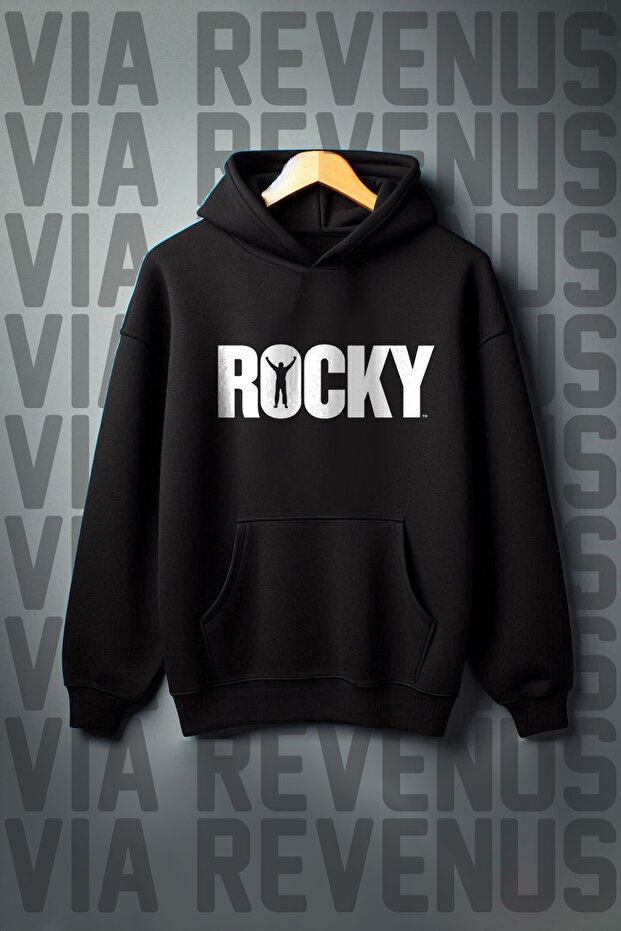 Rocky Printed Kangaroo Pocket 3 Thread Raised Wide Fit Hooded Sweatshirt