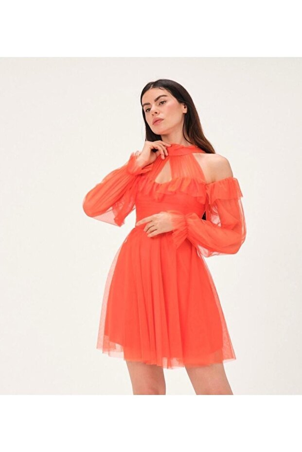 Women's Orange Tulle Neck Sleeve Detail Lined Tulle Short Evening Dress
