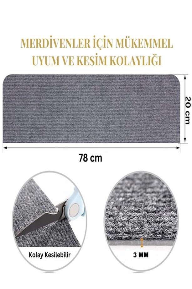 Kendinden Yapışkanlı Merdiven Basamak Halısı (1 ADET) Gri Halı Keçe Kaymaz Halı - 5