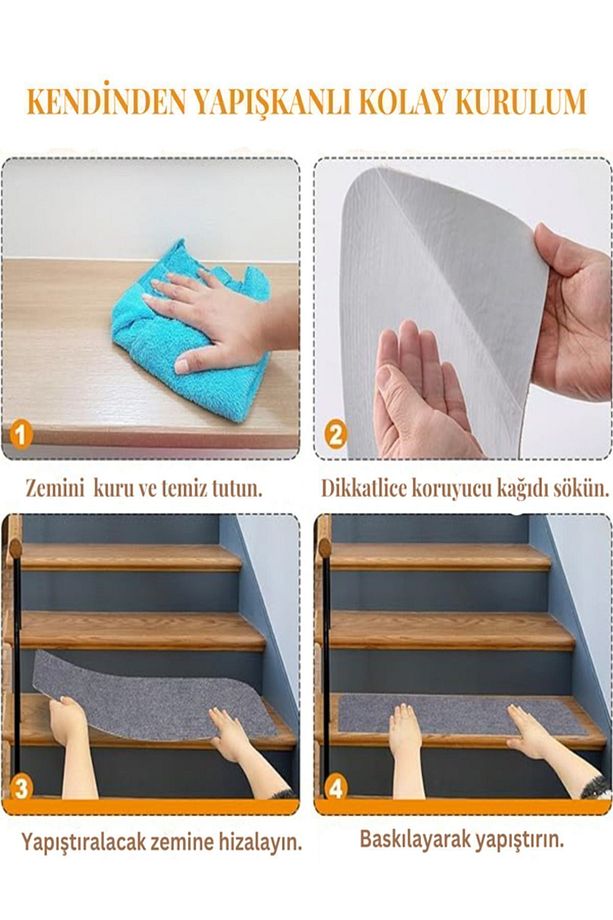 Kendinden Yapışkanlı Merdiven Basamak Halısı (1 ADET) Gri Halı Keçe Kaymaz Halı - 3