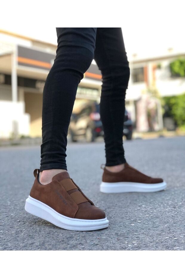 Men's Tan White Sports Durable Skin Leather Casual Shoes High Thick Sole Banded Sneaker