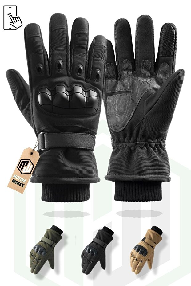 Cold Weather Tactical Gloves Black with Furry Inside Wrist Elastics Protected Military Airsoft Motorcycle