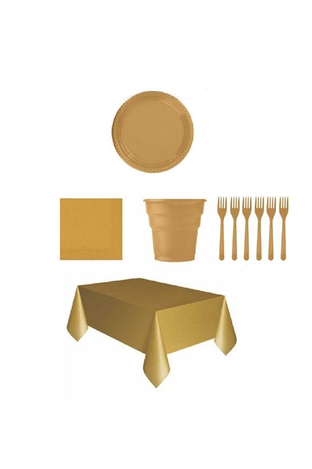Gold Renk Plastik Tabak, Bardak, Çatal, Peçete Ve Tek Kullanımlık Masa Örtüsü Seti - 1