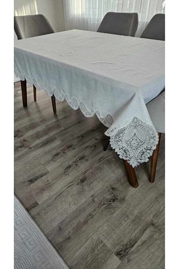 Gardenya Linen Seamless Shawl Patterned Heavy Guipure Cream Tablecloth-160X160...160X500