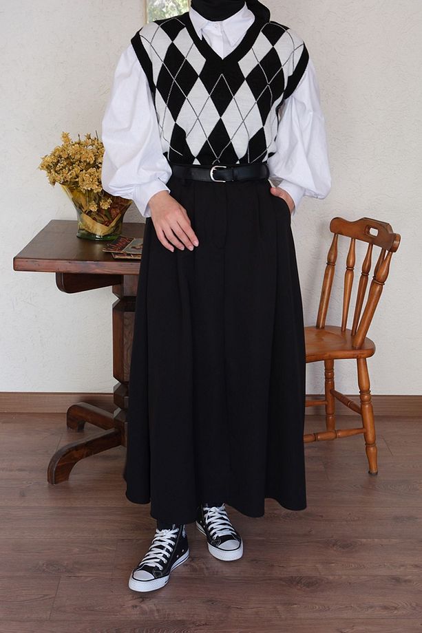 Siyah Tek Düğmeli Etek - 2