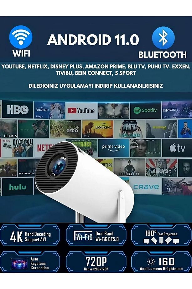 Taşınabilir Projektör Projeksiyon 1280 * 720p Ev Sineması Bluetooth Android 11 Wifi - 1