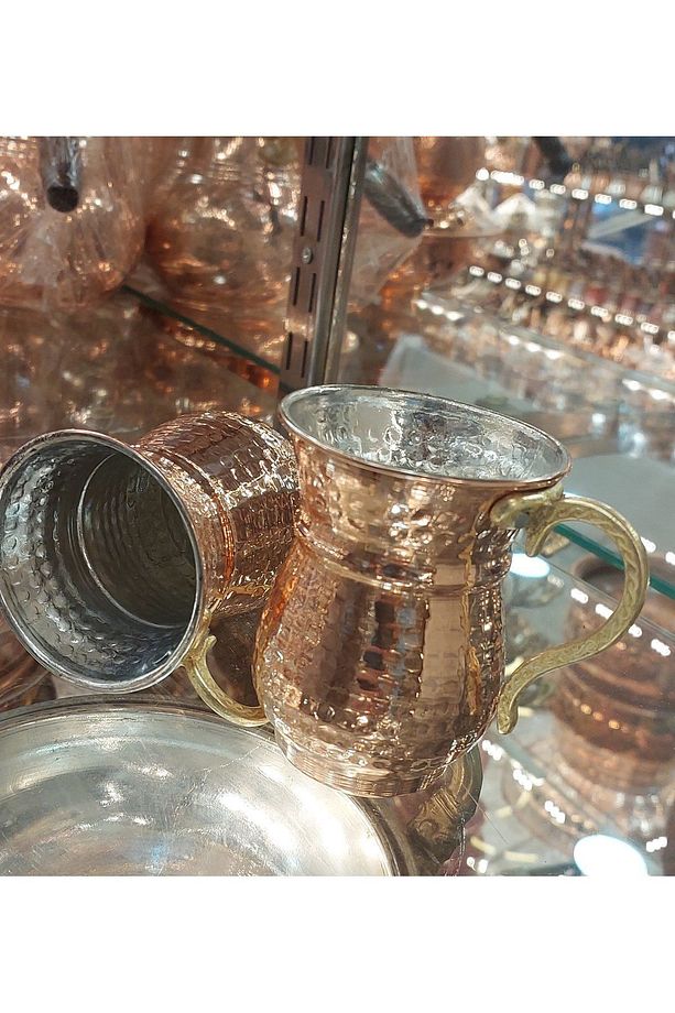 Bakır Bardak & Bakır Kupa Dövme Bakır Ayran Bardağı Kulplu 2 adet 2'li set - 4