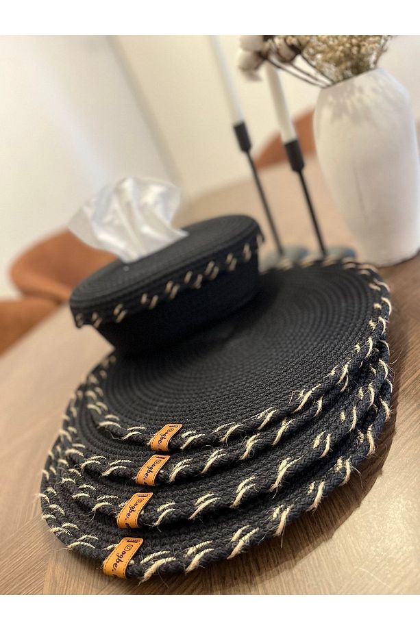 6 Adet 35 Cm Yuvarlak Hasır Şeritli Supla Takımı Amerikan Servis Polyester Tress Ip Sunum Takımı - 3