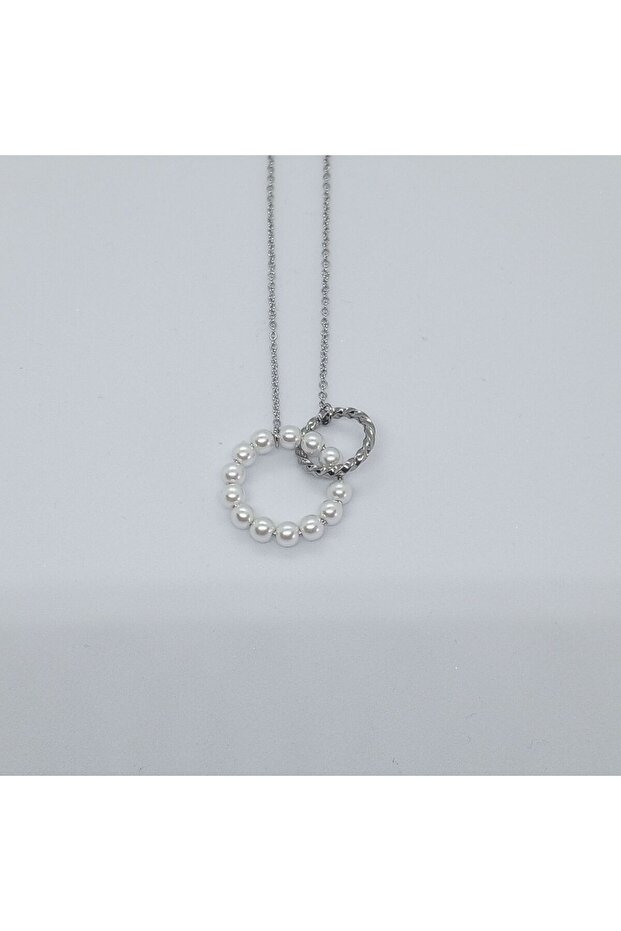 Çelik Silver İç İçe İnci Halka Kolye - 2