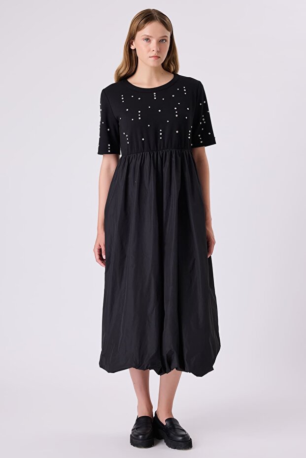 Taşlı balon etek elbise - 1