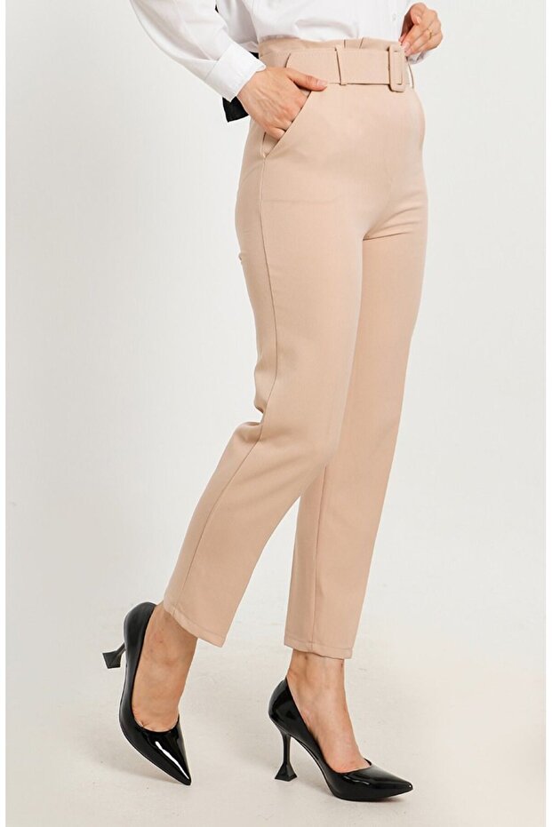 Large Size High Waist Skinny Leg Trousers with Balca Belt Gift - Stone