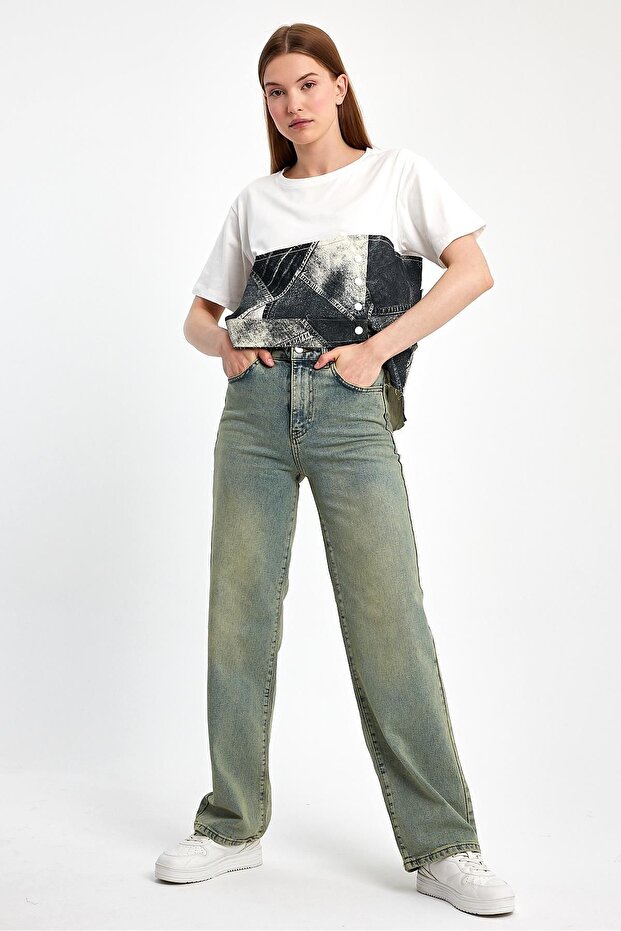 Denim Parçalı Tişört - 5