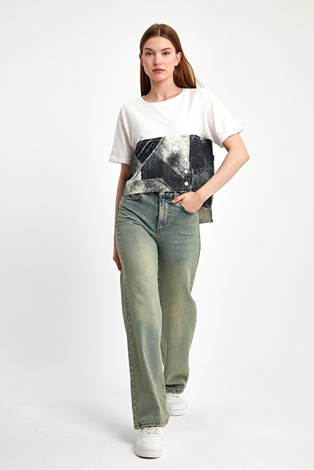 Denim Parçalı Tişört - 3