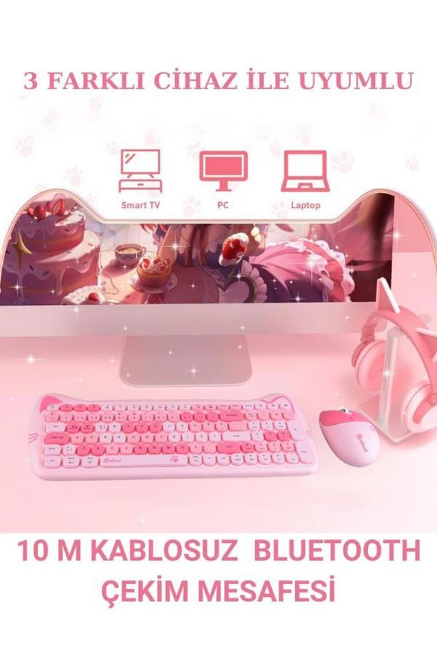 Sevimli Kedi Kablosuz Klavye ve Mouse Seti Bluetooth + 2.4G Dual Mode - 6