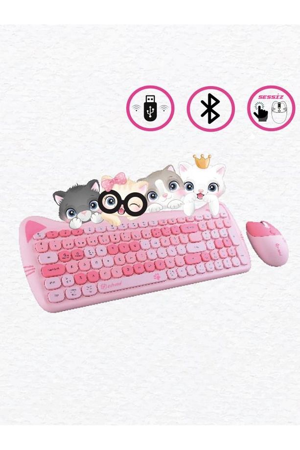 Sevimli Kedi Kablosuz Klavye ve Mouse Seti Bluetooth + 2.4G Dual Mode - 2