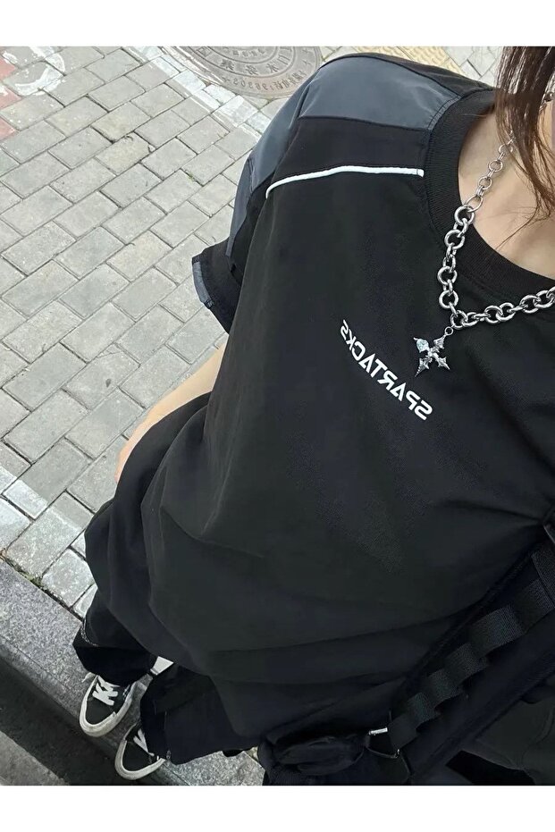 Gri Siyah Retro Şeritli Basic Unisex Tshirt - 2