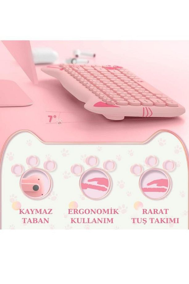 Sevimli Kedi Kablosuz Klavye ve Mouse Seti Bluetooth + 2.4G Dual Mode - 7