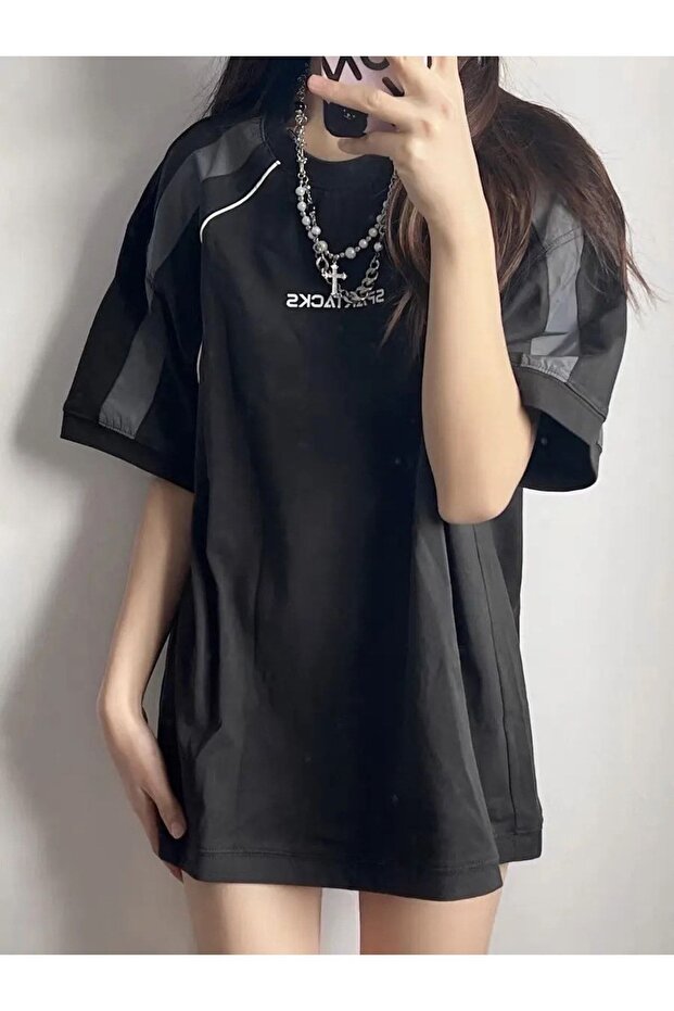 Gri Siyah Retro Şeritli Basic Unisex Tshirt - 3