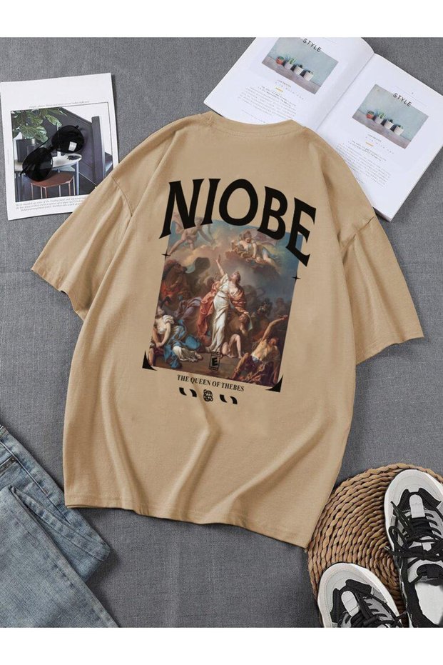 Men's Oversize T-shirt Nıobe Back Print Sütlük Brown Color