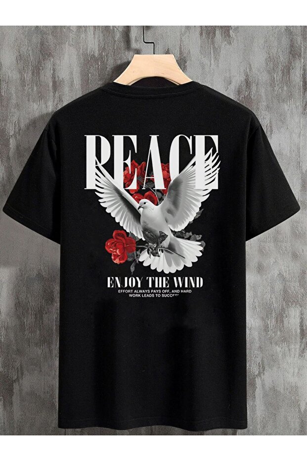 تي شيرت أسود كبير الحجم للجنسين مطبوع عليه PEACE DOVE على الظهر