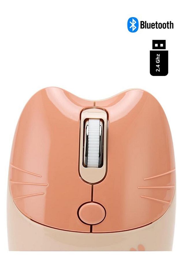 Sevimli Kedi Kablosuz Pudra-Bej Mouse Bluetooth + Dual Mode - 1