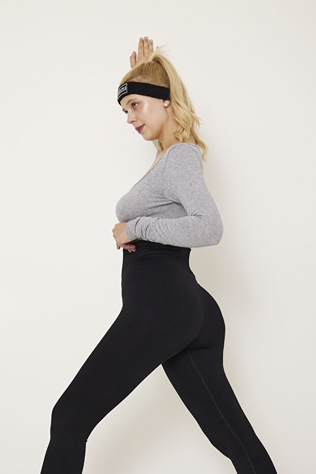 Black High Waist Gathering (WITHOUT BAND) Leggings