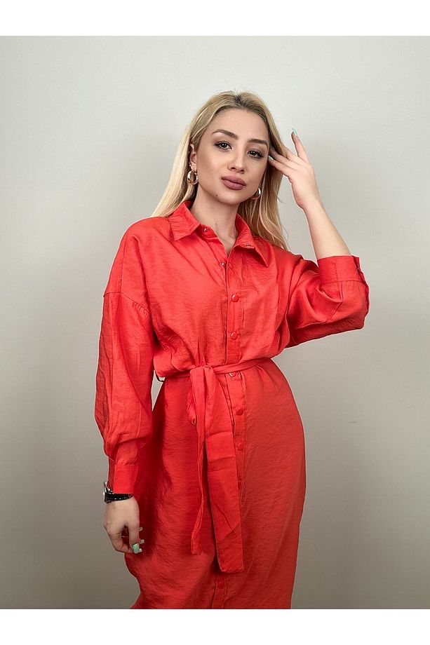 SOFT KUMAŞ KUŞAKLI ÇITÇITLI UZUN ELBİSE - 2