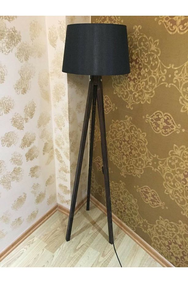 Konik Lambader 3 Ayaklı Ahşap Abajur Başlık Siyah Kahverengi Ayak 7054 - 1