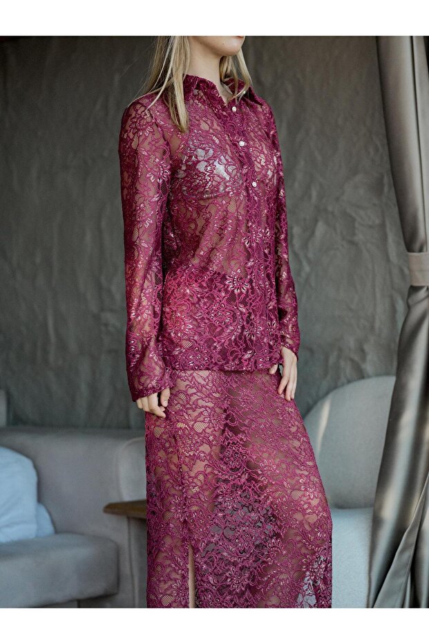 Varaklı Dantel Maxi Etek Mor - 3