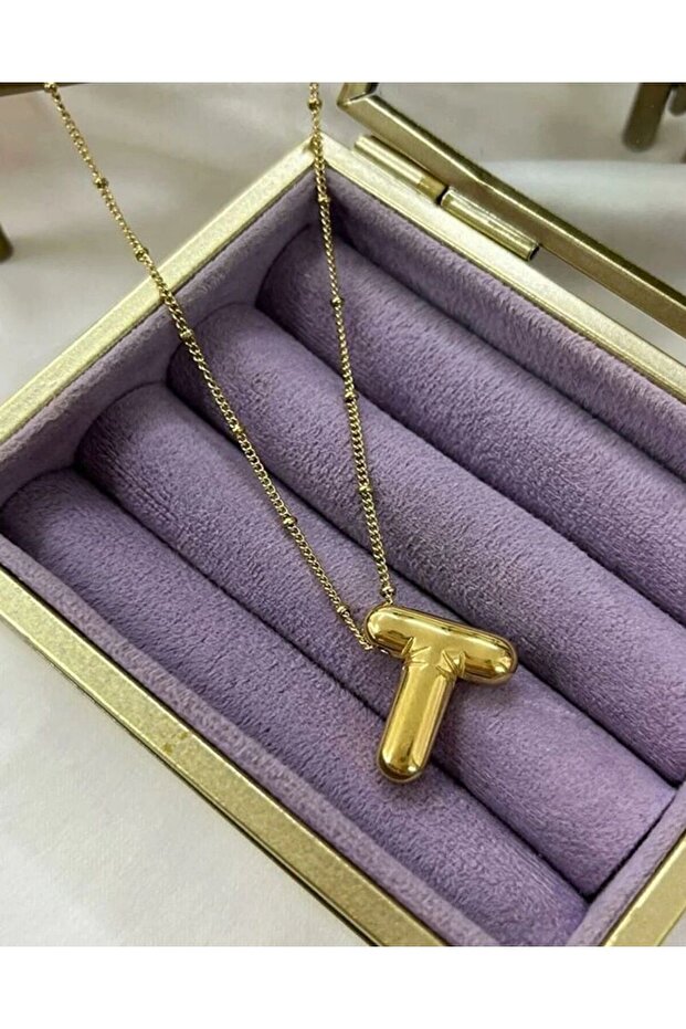Three Dimensional Steel T Letter Balloon Gold Color Necklace