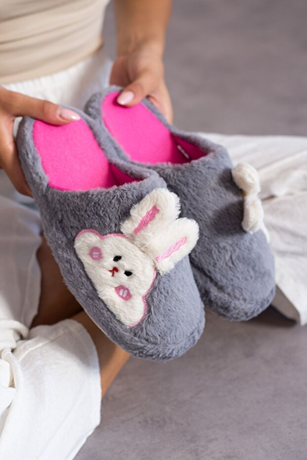 Women's Soft Furry Rabbit Figured Silent Sole Plush Fluffy House Slippers Dowry Slippers
