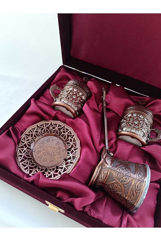 Kadife Kutulu 2 Kişilik Otantik Bakır Kahve Fincan Seti - 2