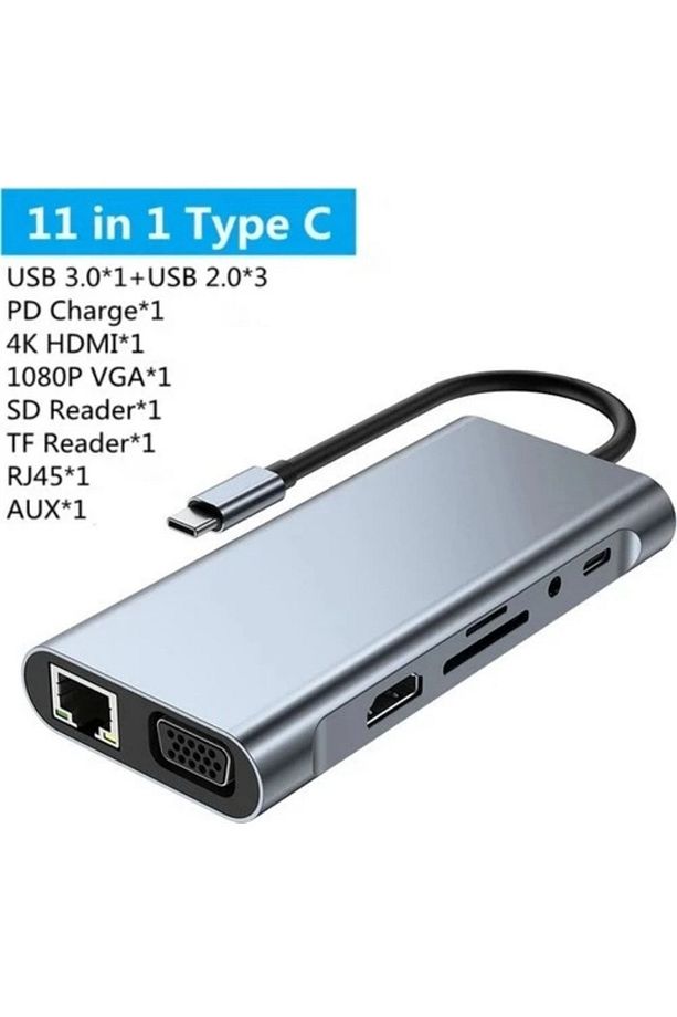 Macbook Pro Air Type C Hub Pd Şarj Hdmı Sd Network Vga Girişli 11 In 1 Hub Çevirici Dönüştürücü - 5