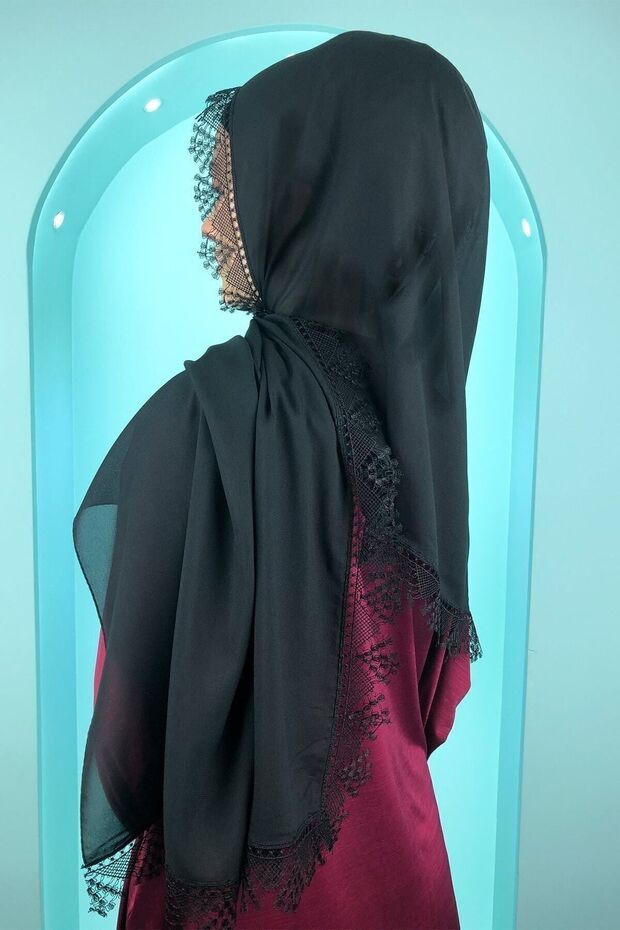 Women's Minacarin Chiffon Lace Needle Embroidered Black Hijab Prayer Mevlüt Cover Evening Dress Shawl