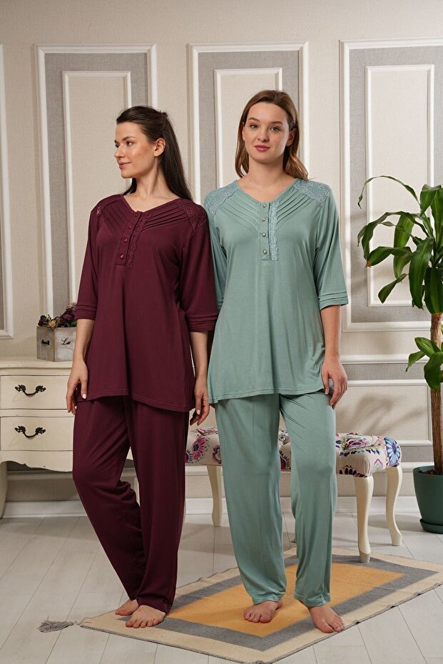 Bone Short Sleeve Stylish Pajama Set 5847 Claret Red