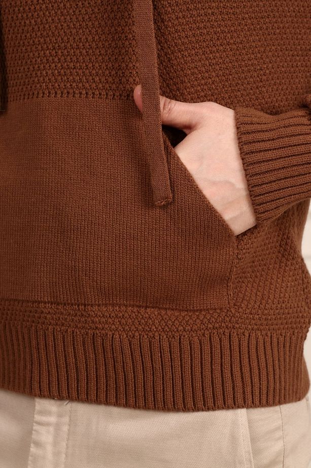 Rtd & Vld Erkek Kahve Kapşonlu Triko Sweatshirt Kazak - 5