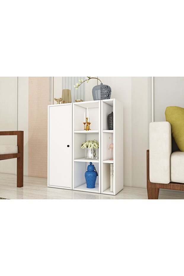 Sandara Tek Kapaklı 6 Açık Raflı Modern Beyaz Komodin - 2