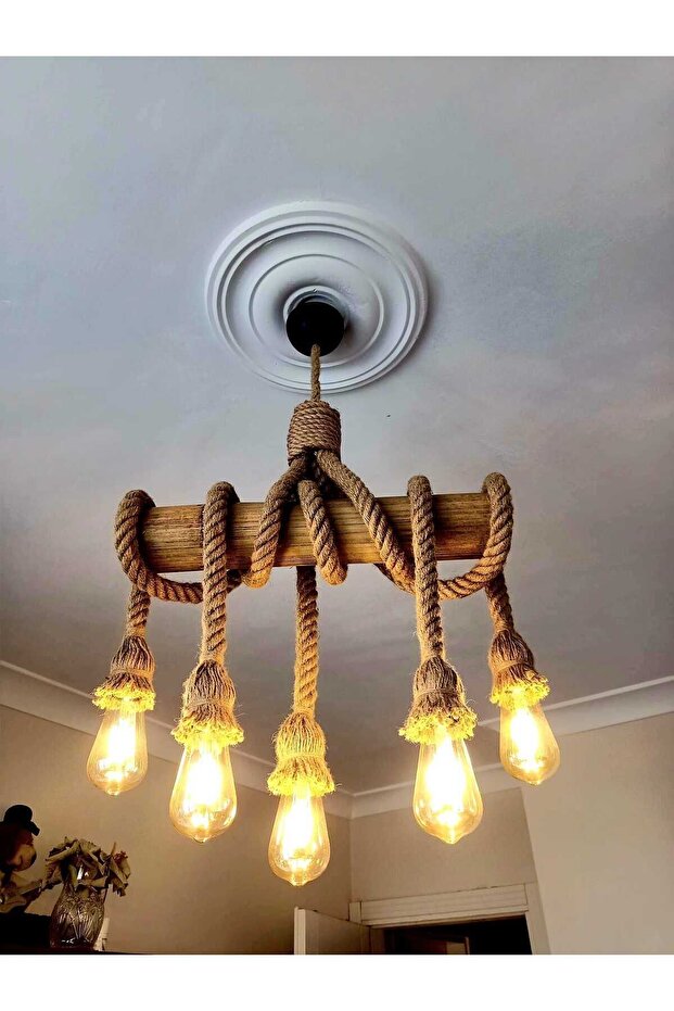 Doğal jüt halatlı bambu avize - 4